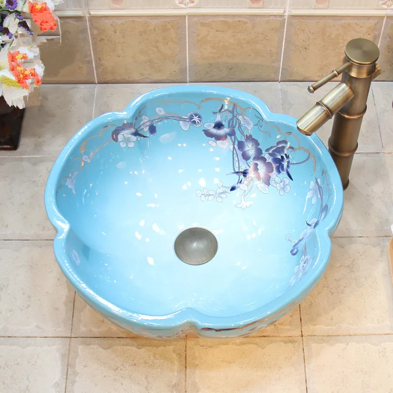 Petunia pattern Chinese flower shape Ceramic Bathroom Sink Countertop Wash Basin art  (4)