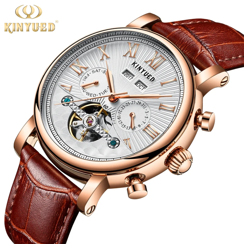 

Kinyued Real Automatic Winding Mechanical Watch Men Leather Strap Hand Gold Watches Skeleton Tourbillon Male Wristwatch Fashion