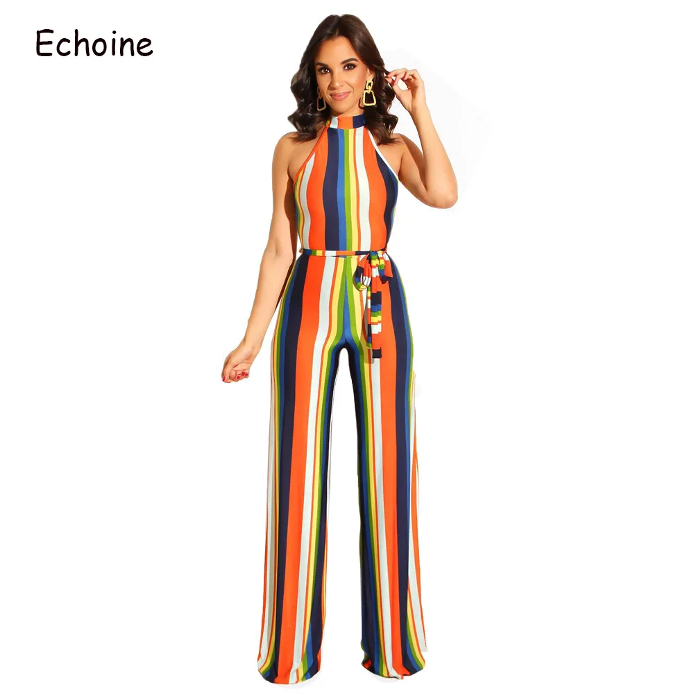 

Echoine Halter Jumpsuit Sleeveless Striped Multicolored Romper With Belt Long Wide Pant Casual Women Fashion Jumpsuit Overalls