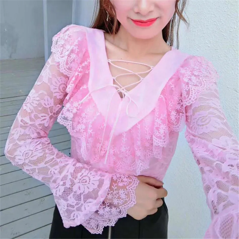 

2018 Summer Autumn Women Lace Shirt Sweet V-Neck Tie Lace Blouse Female Flare Sleeve Ruffles Mesh Blouses Blusas Short Tops A926