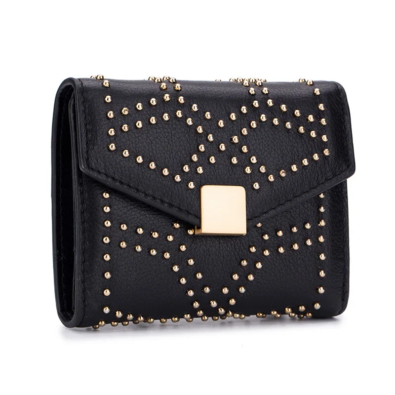 

Genuin Leather Women's Wallet Short Female Rivet Personality Ladies Small Wallet Short Purse Three-fold Original Leather Wallets
