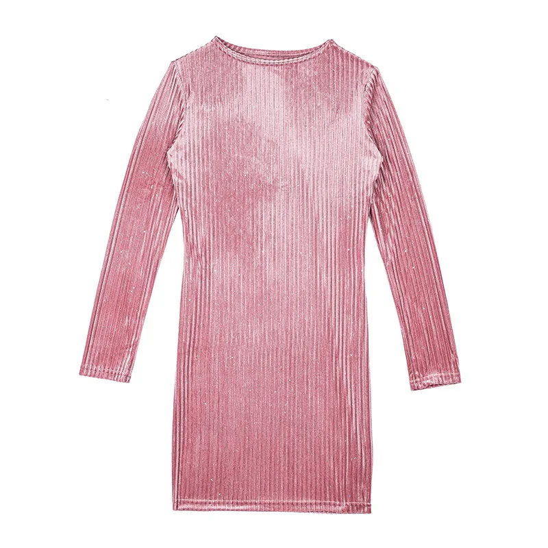 Новые женские платья весна осень мода розовый бархат с длинным рукавом тонкое платье дамы сексуальные побрякушки Bodycon мини-халат
