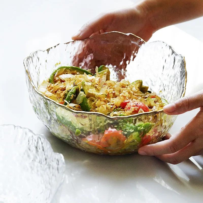 

gold inlay engraving glass bowls eco-friendly 1413ml salad mixing bowl European style blue transparent high quality material 1pc