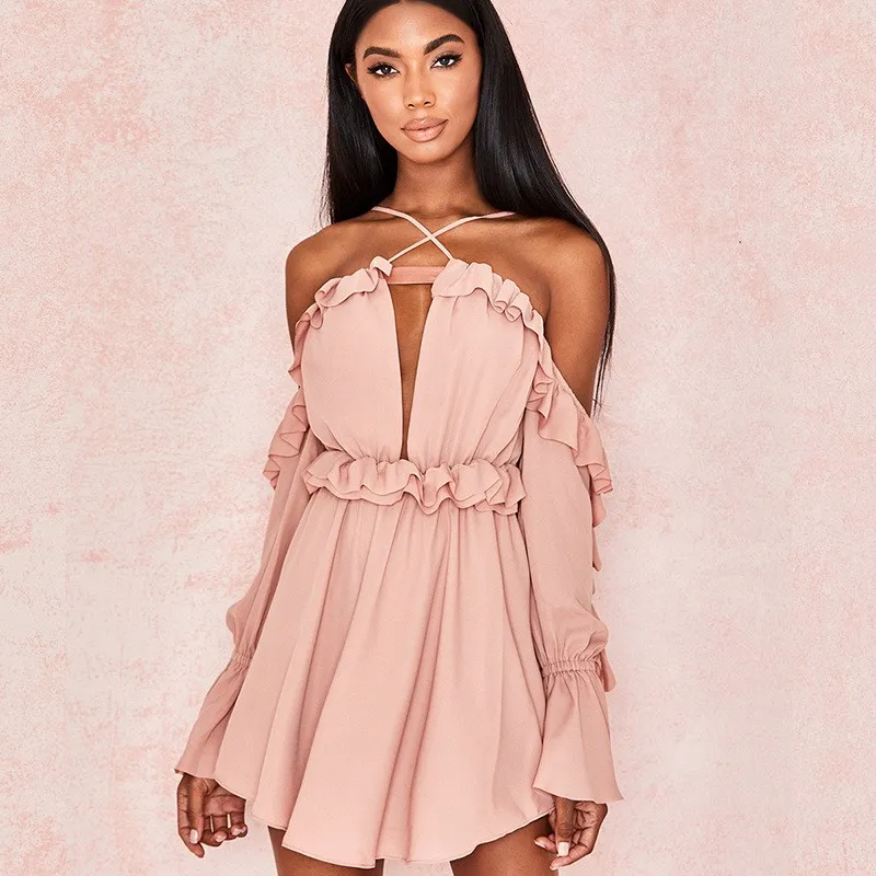 

Fashion Summer Backless Sexy Dress Women 2019 Off Shoulder Halter Ruffles Chiffon Boho Robe Sweet Beach Party Mini Vestidos