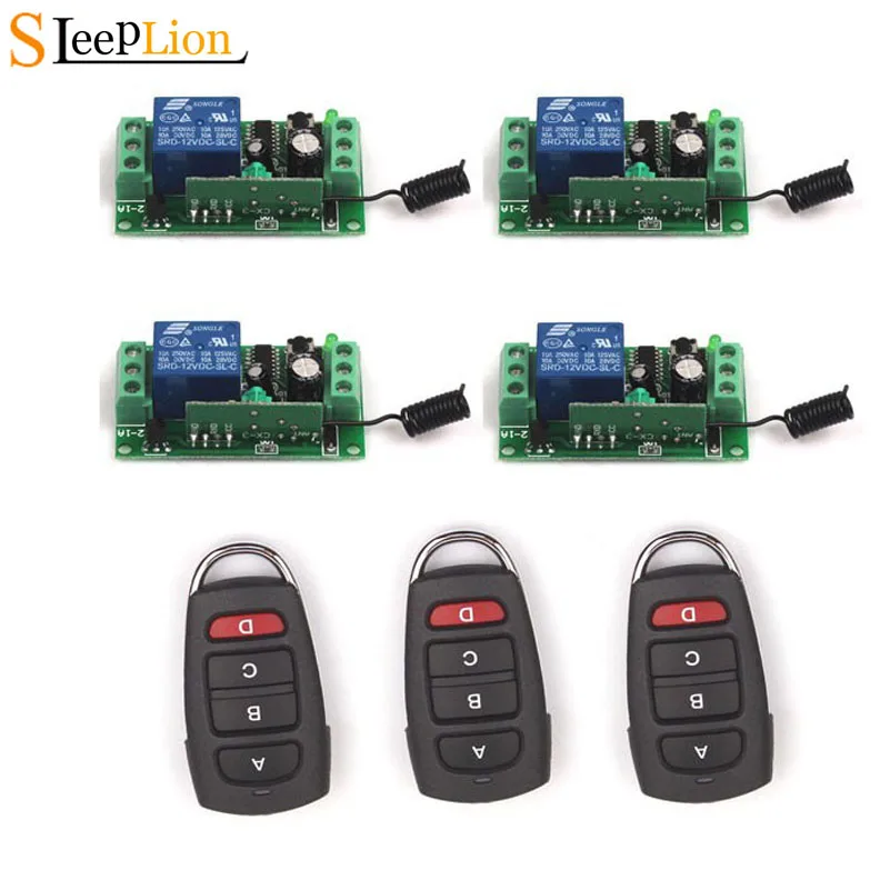 

Sleeplion Remote Control Relay Switch 12V 10A 1CH 3 Transceiver with 4 Receiver 12V Module 315MHz/433MHz Wireless Remote Control