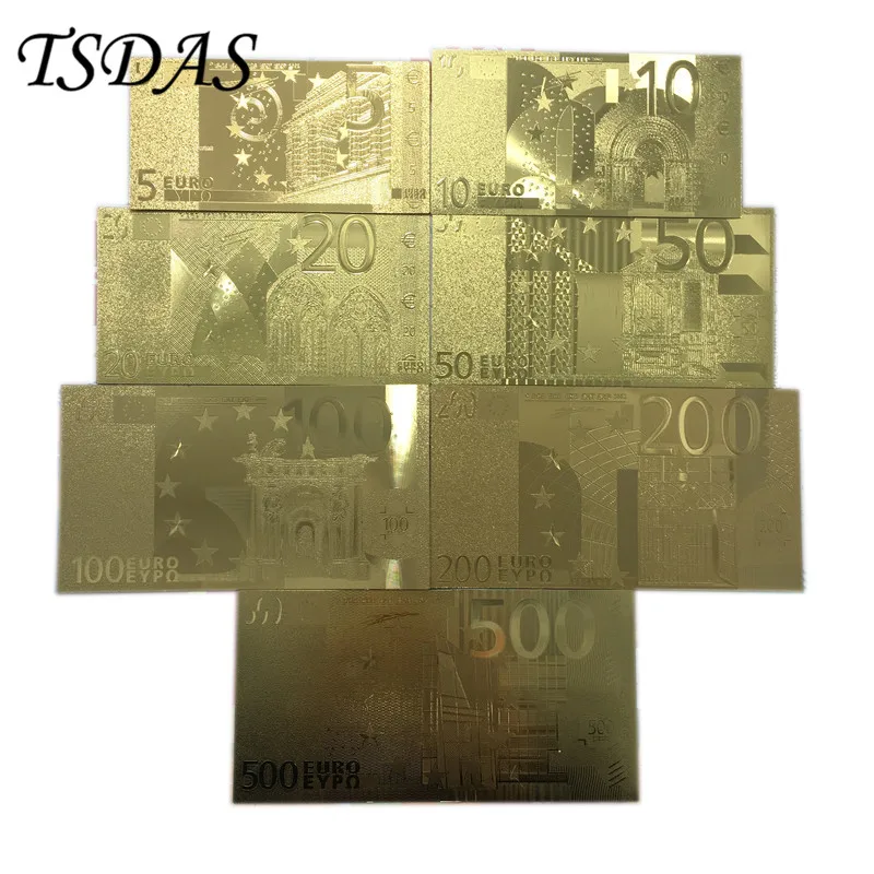 Set of Gold Plated EURO BANKNOTES 7 pcs 5, 10, 20, 50, 100, 200, 500