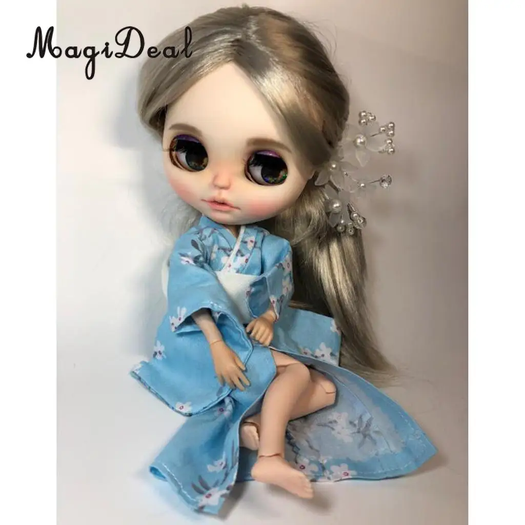 Gorgeous 1/6 Dolls Japanese Style Kimono Outfits for Blythe for BJD Dolls Accessories Blue Cherry Blossoms