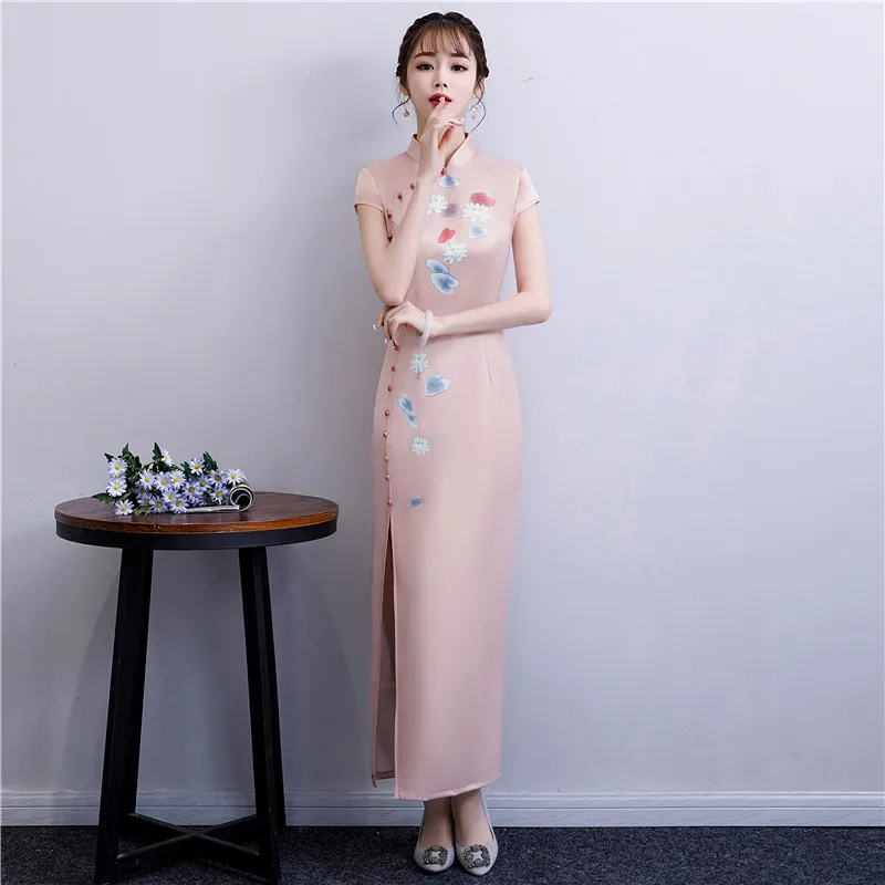 Nueva estampado Rosa Cheongsam larga vestidos Chinoise elegante bata Qi Pao mujeres chino tradicional ropa vestido diio