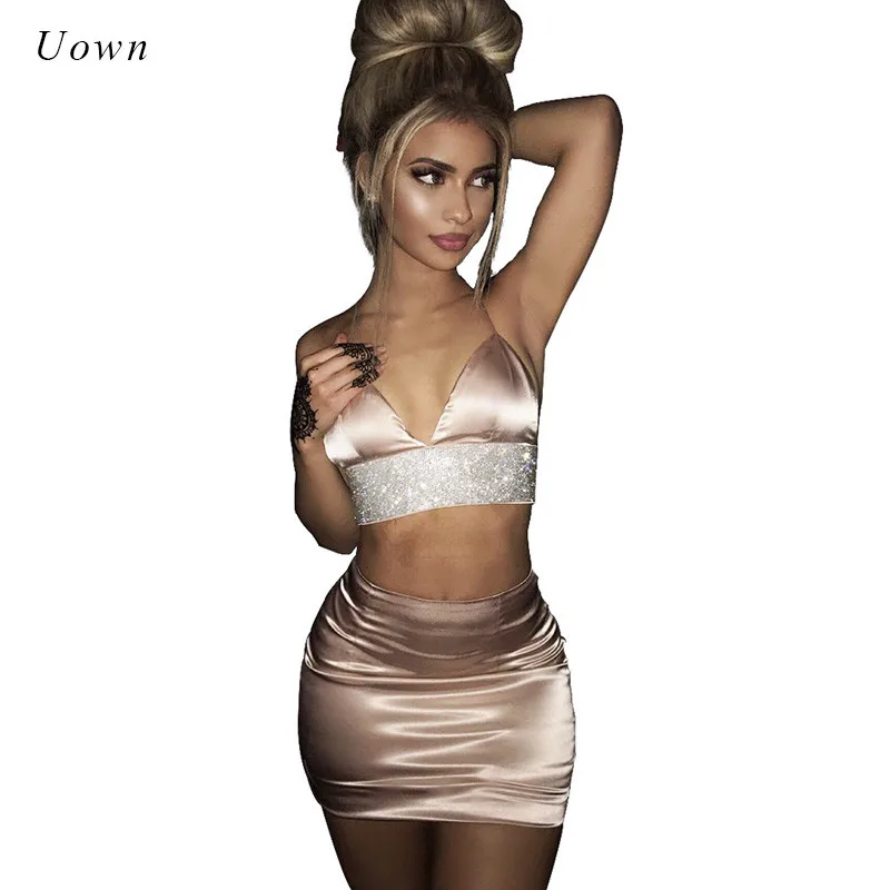 

2 Piece Outfit Set Women Crop Top and Skirt Set Bodycon Satin Slip Suits Summer Sexy Night Club Wear Party Two Piece Sets 2018