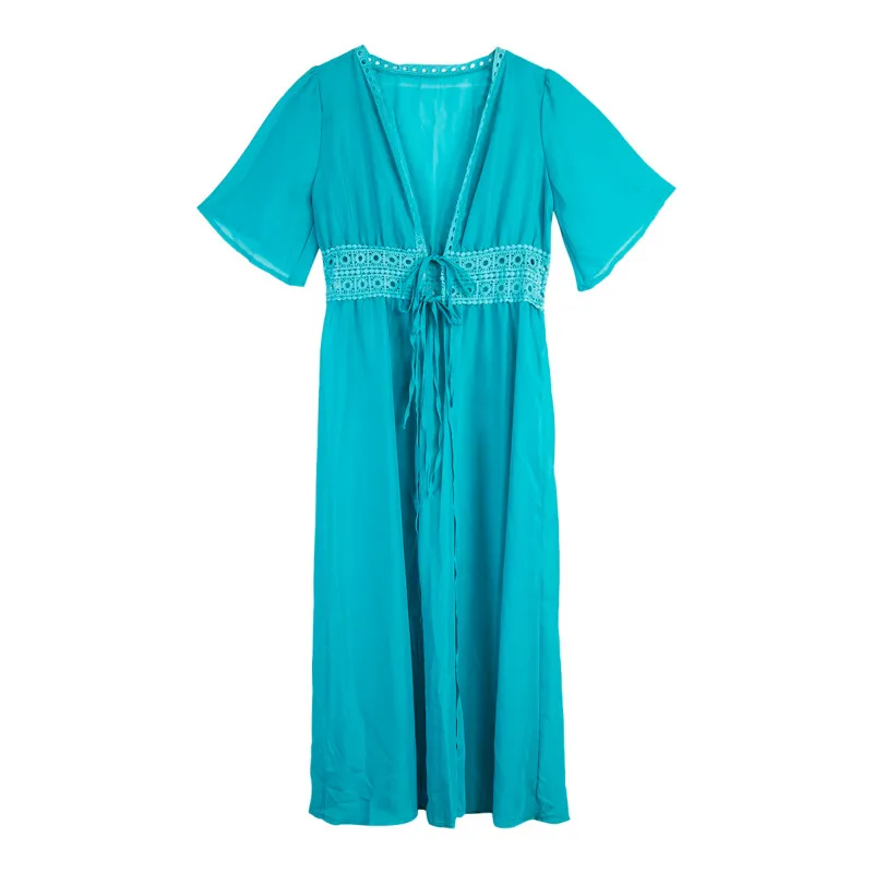 Горячий летний купальный костюм сексуальный вязаный крючком женский кружевной топ пляжное бикини накидка для пляжа платье - Color: Blue