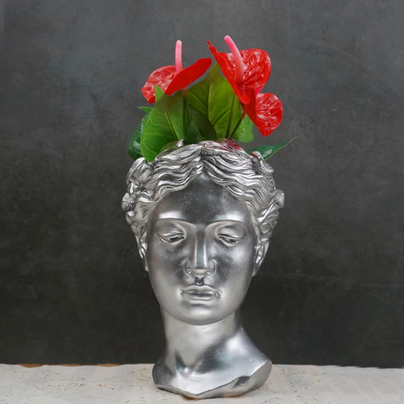 Голова греческой богини скульптура цветочный горшок ваза стол балкон красочные человеческое лицо декоративные сушеные цветы компоновка ваза
