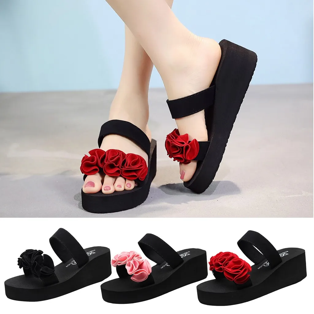 

Bohemia Style Wedges Fashion Women Slip-on Open Toe High Heels Black Color Flower Non-slip Slipper Shoes Flowers Flip Flops