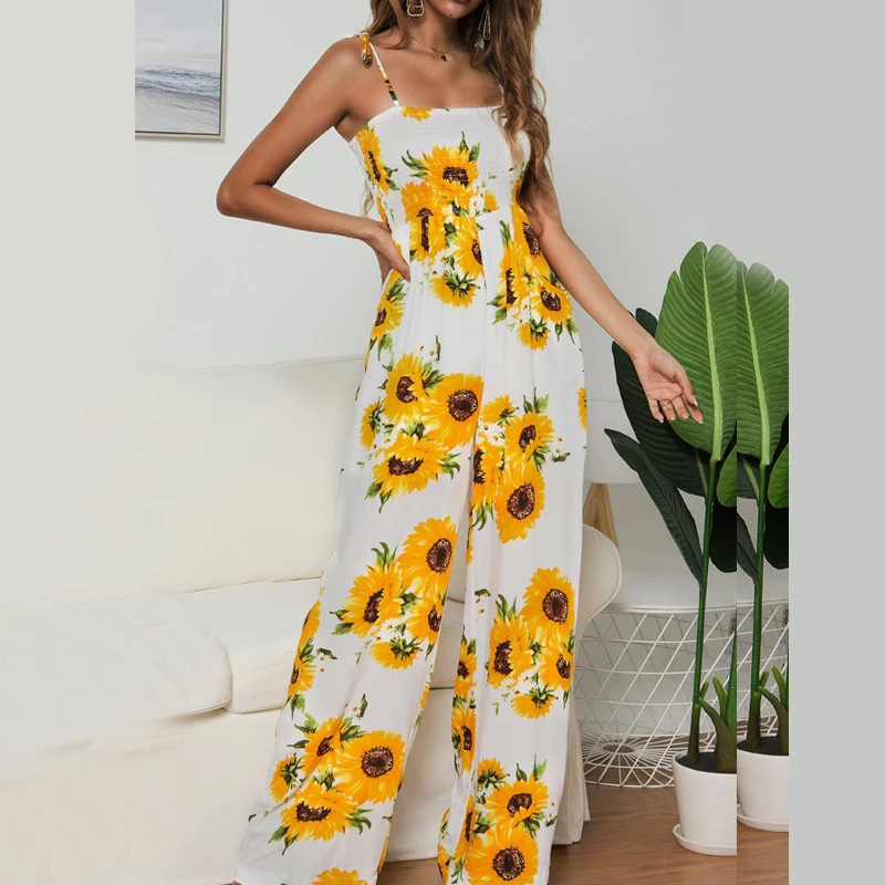 

New 2019 Summer Wide Leg Jumpsuit Women Backless Flower Print Rompers Overalls Sexy Office Lady Boho Long Pants Jumpsuits Loose