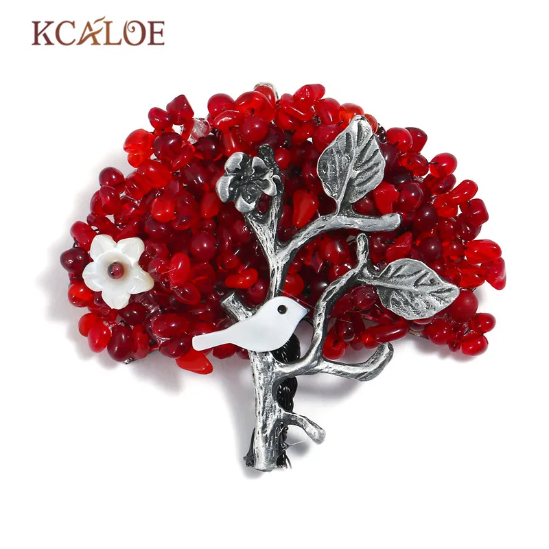 

KCALOE Vintage Red Tree Brooches For Women Irregular Natural Stone Handmade Brooch Pin Antique Silver Color Hijab Pins Broszka