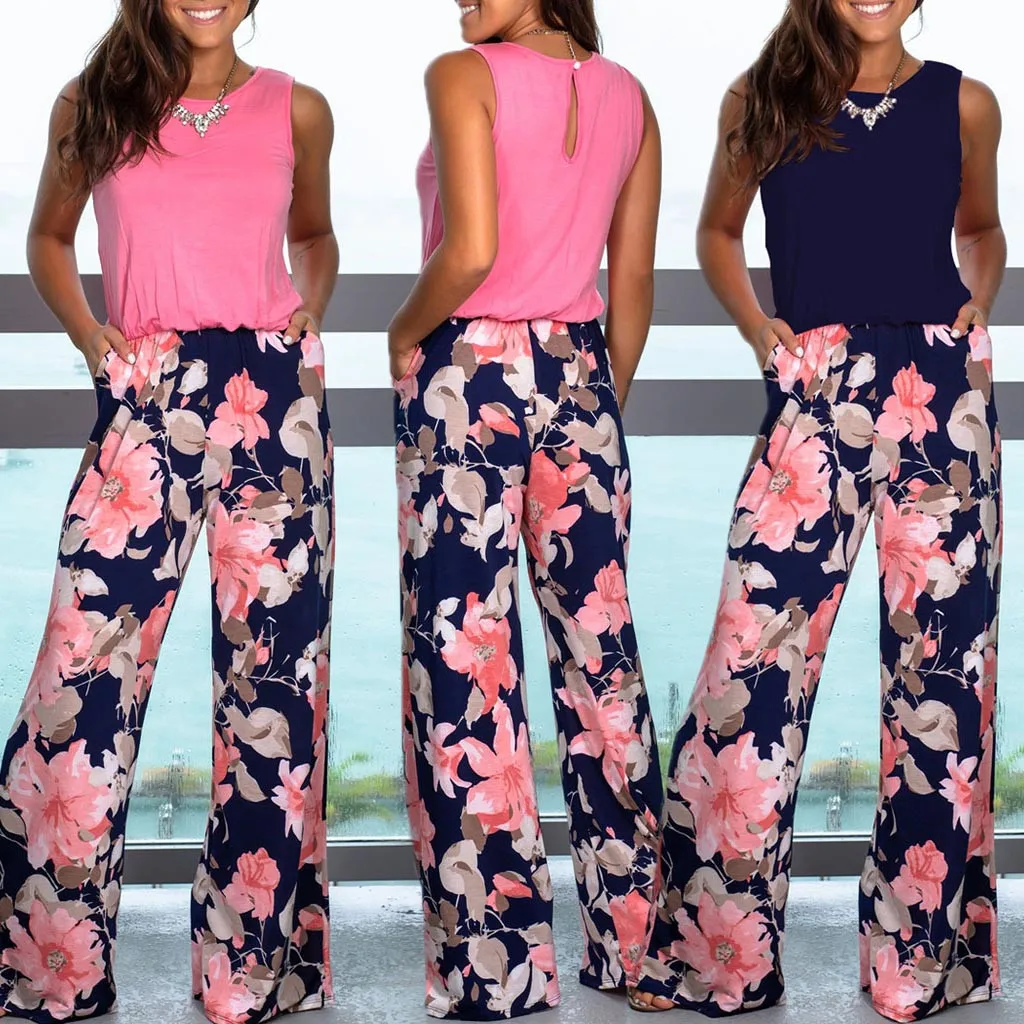 

2019 Long Pocket Off Shoulder Sleeveless Rompers Summer Sleeveless Print jumpsuit Playsuit