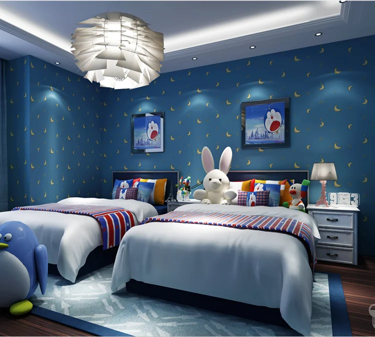 Children's room wallpapers for kids boy girl blue starry sky moon cartoon non-woven wall paper bedroom warm color household deco