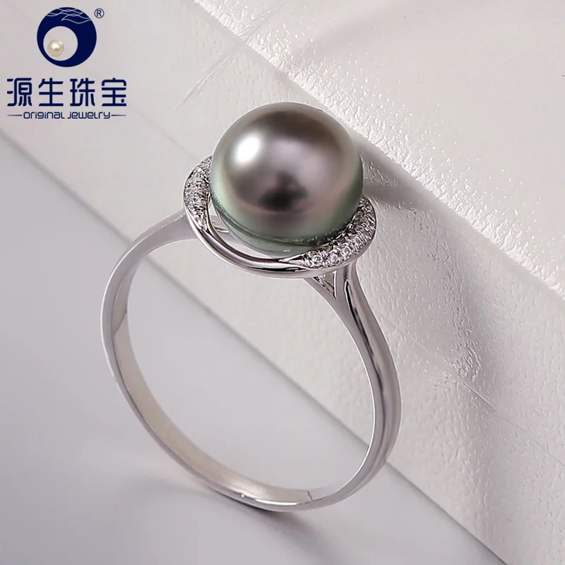

YS 925 Sterling Silver 8-9mm Natural Round Black Tahitian Cultured Pearl Ring Fine Jewelry