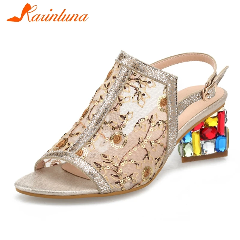 

KARINLUNA 2019 New Fashion Air Mesh Lace Sandals High Heels Summer peep toe Genuine Leather Sandals Women Party shoes woman