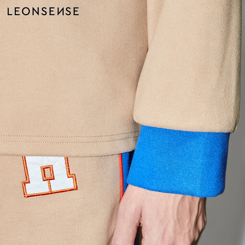 LEONSENSE High collar Zip Front Cut Embroidery letters men's Sweatshirt Athleisure Stand Collar Raglan Sleeve winter Pullovers