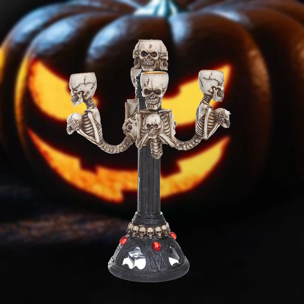

5 Arms Resin Carving Table Candle Holder Decoration Skull Skeleton Party Art Props Home Halloween DIY Practical