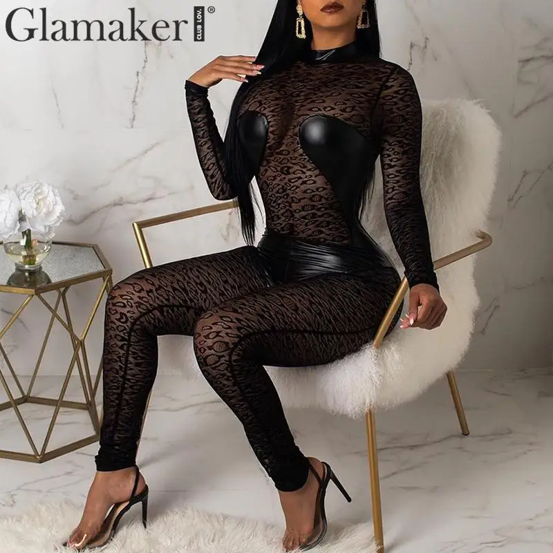 

Glamaker leopard print transparent pu leather jumpsuit overalls Women lace patchwork long romper Summer party club jumpsuit 2019