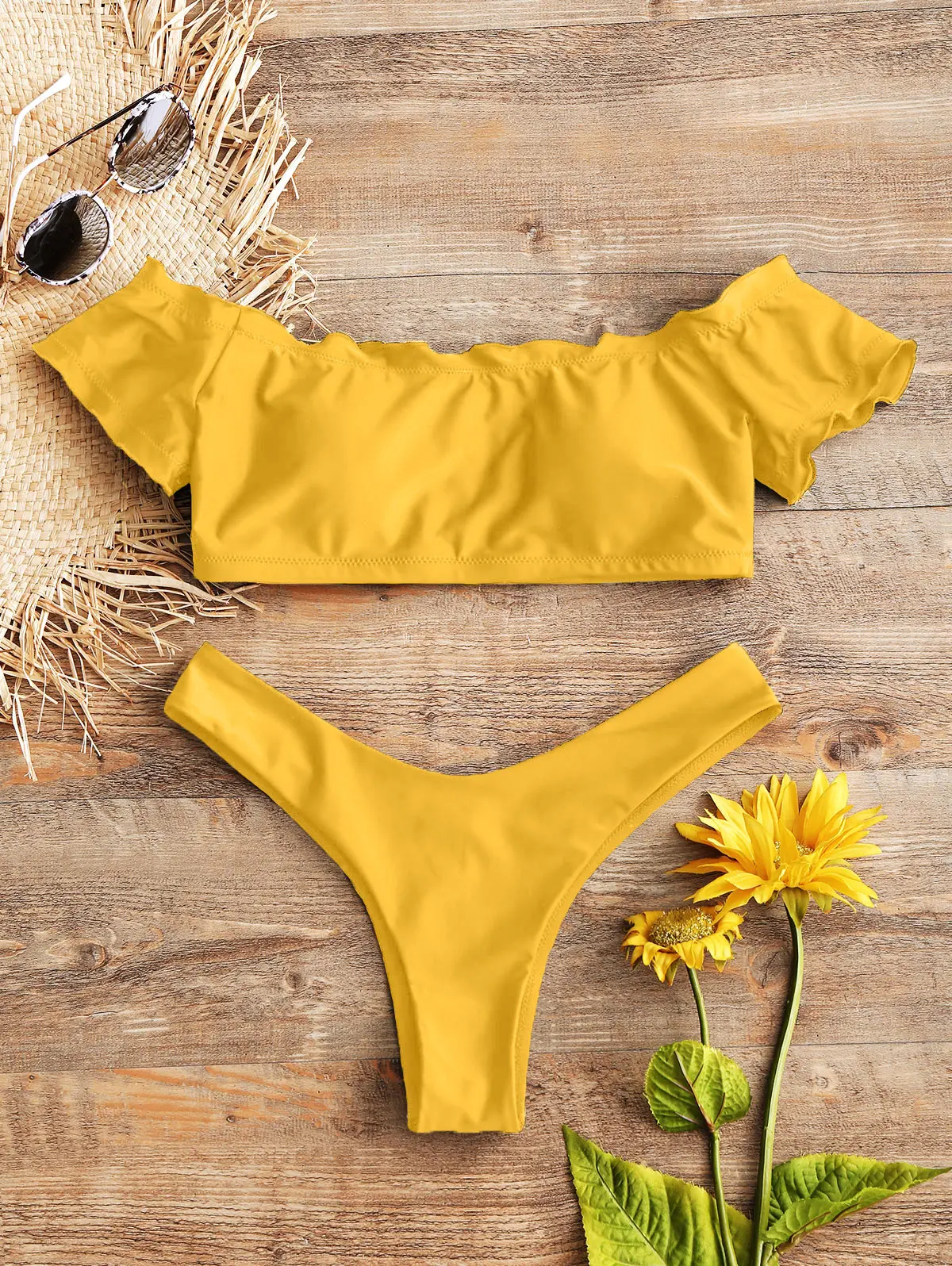 ZAFUL, купальник, бикини, для женщин, с отделкой салата, с высоким вырезом, бикини, с открытыми плечами, купальный костюм, без бретелек, купальник, стринги, бикини, набор, пляжная одежда - Цвет: Yellow Bikini