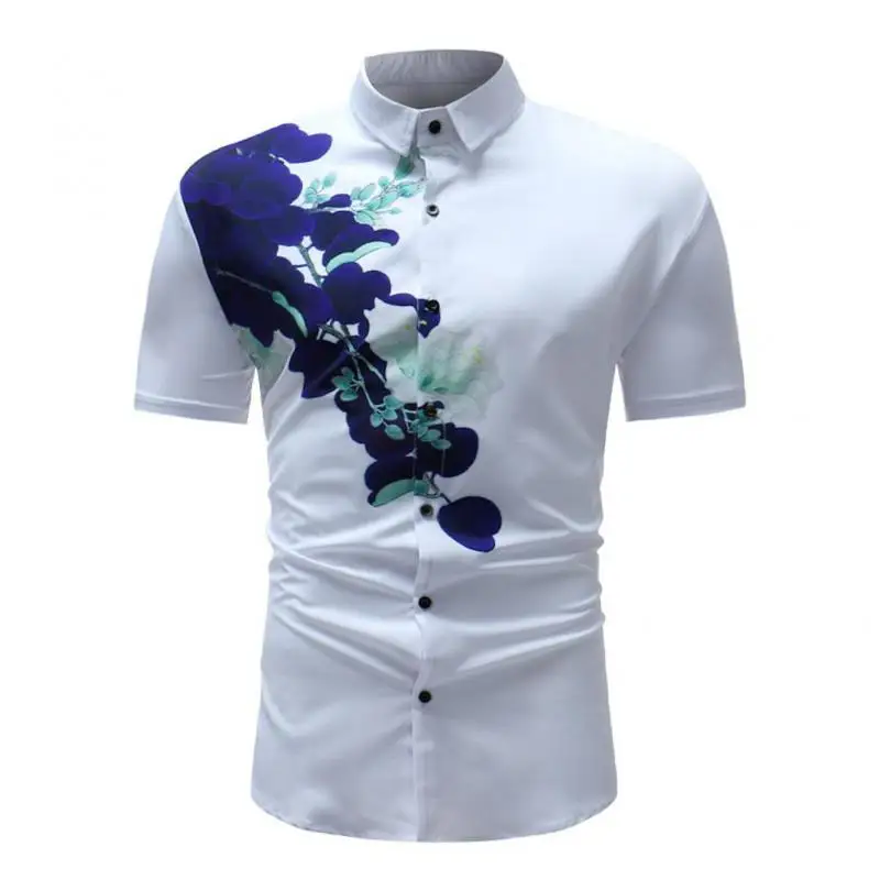 Short Sleeve Shirt 2019 Summer Fashion Print Men Casual Shirt Male Flower Printing Blouses Print Turn-Down Collar Slim Short Sle