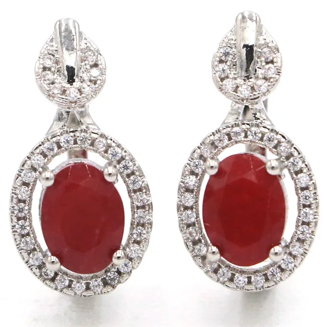 

Fantastic Real Red Ruby White CZ SheCrown Woman's Silver Dangle Earrings 20x10mm