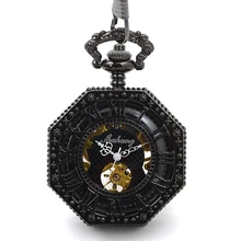 New Vintage Steampunk Roman Dial Mechanical Skeleton Mens Black Wind up Pocket Watch W/ Chain relogio de bolso Xmas Gift