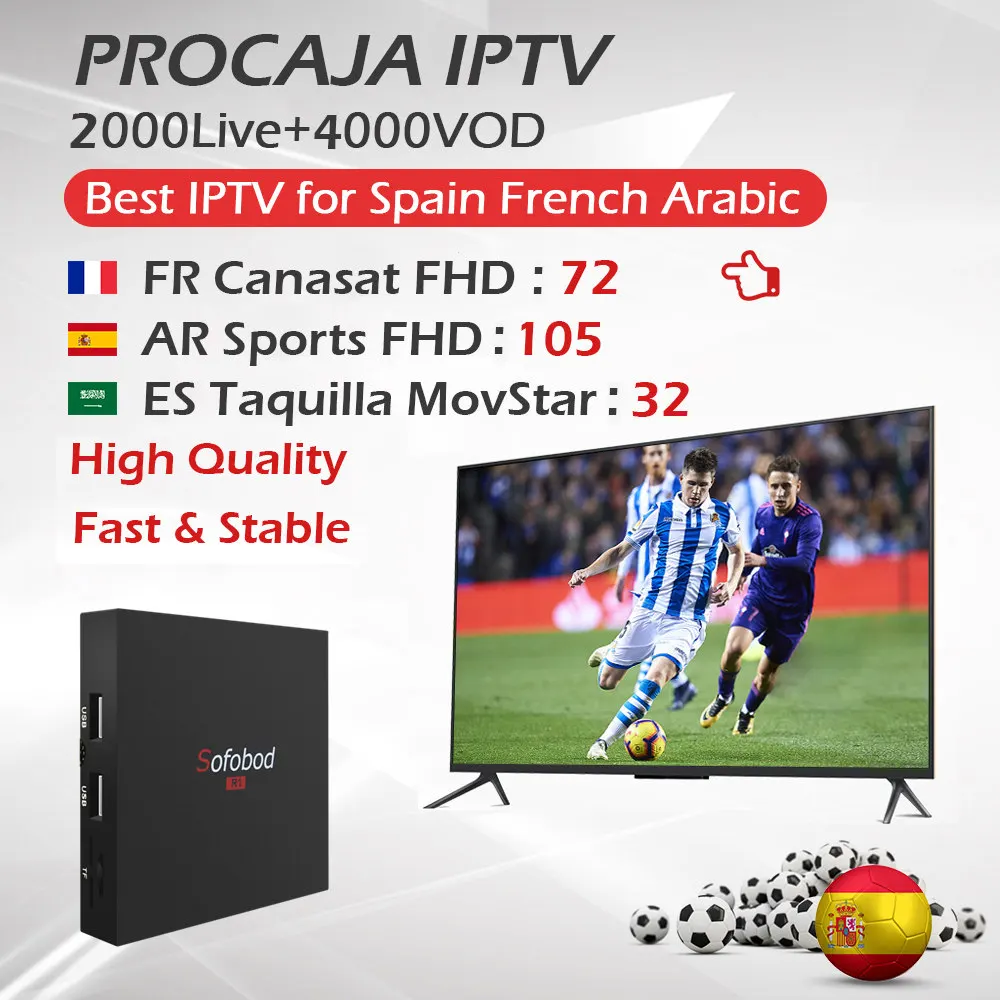 

Procaja Spanish IPTV+SOFOBOD Android TV Box 1G/8G Amlogic S905W Quad Core WiFi 4K Smart Player Set Top Box France Arabic IPTV