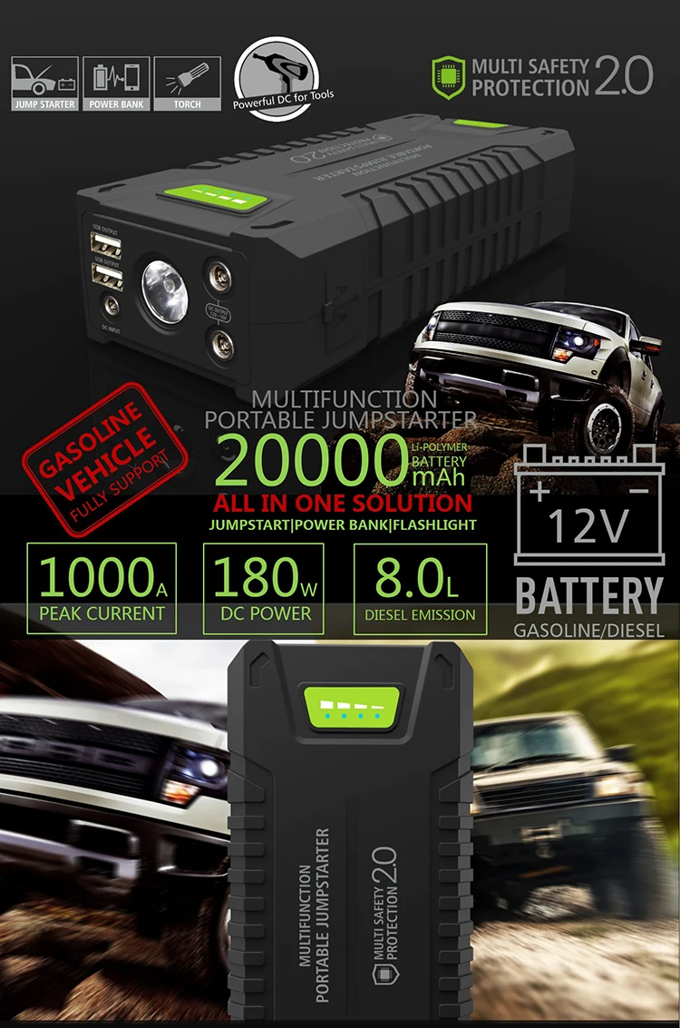  Car Jump Starter 20000mAh 1000A Vehicle Emergency Battery Portable 12V External Car Battery Booster
