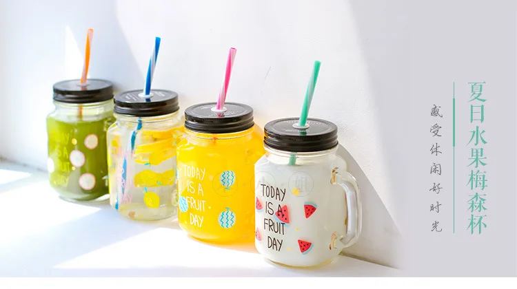 450ml Glass Mason Jar Mug with Lid and Straw Summer Ice Cream Fruit Cold Drinking Water Jars Juice Cup