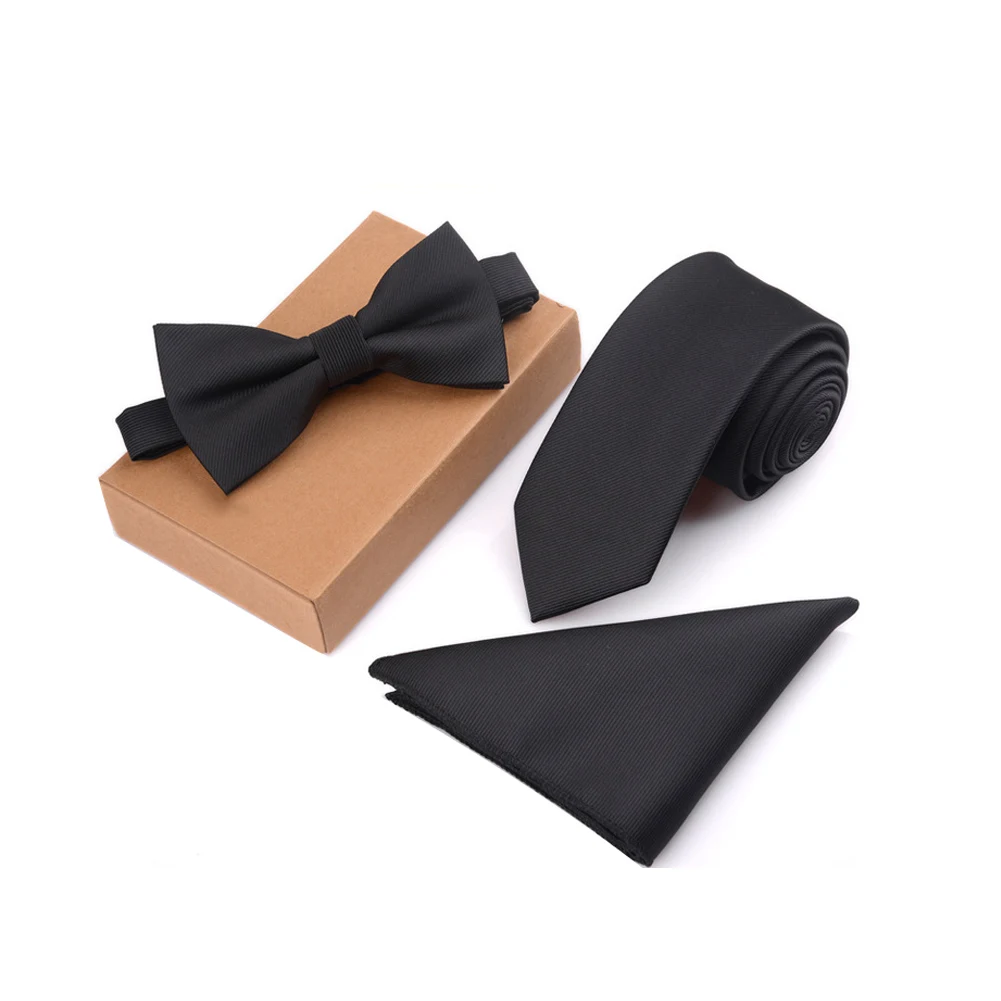  3 Pcs/Set Men Slim Tie Set Bow Tie Pocket Square Handkerchief + Bowtie + Necktie Kit Men's Gifts TY