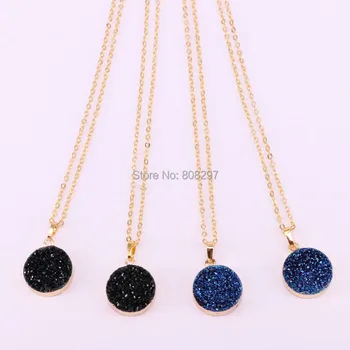 

5Pcs Round Shape Natural Stone Titanium Drusy Pendant Necklace Chain Charm Necklaces