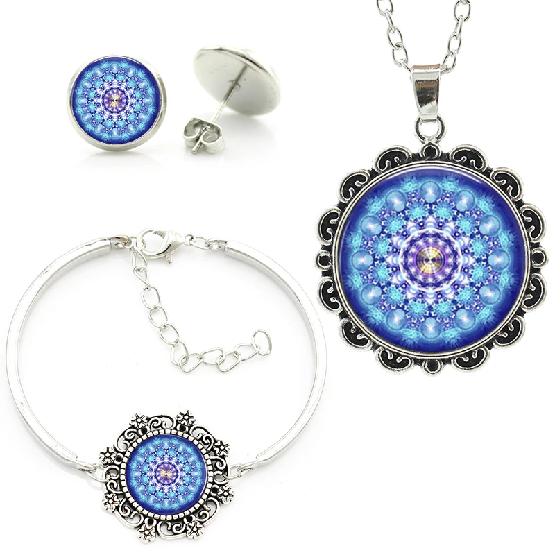 

Classic Buddhist Sacred geometry blue mandala lace charm bracelet earrings necklace women wedding party bridal jewelry set HT189