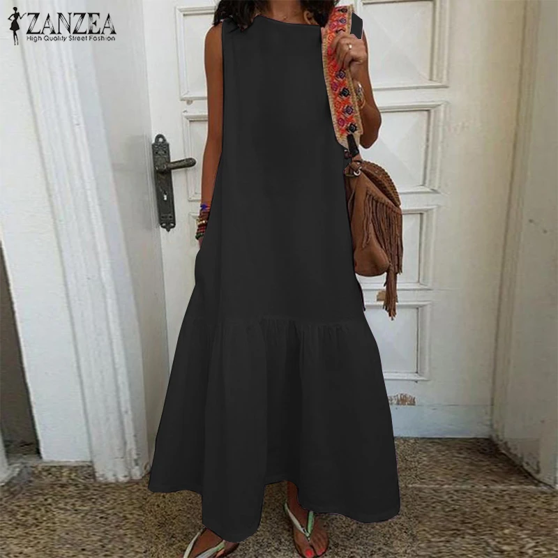 Koop ZANZEA Zomer Zonnejurk Vrouwen Mouwloze Maxi Lange Jurk Casual Ruches Party Vestido Vrouwelijke Solid Beach Sarafans Tanks Jurk 5XL