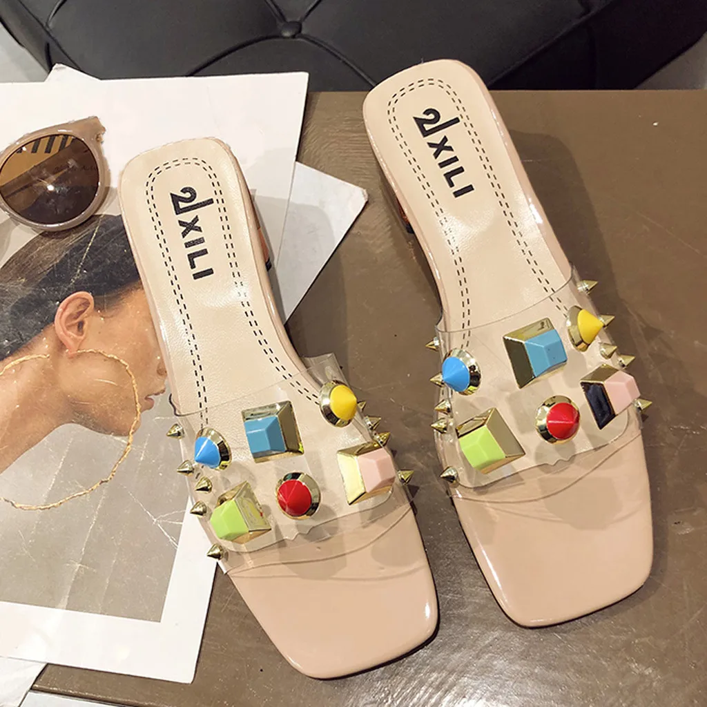 

Wedge Transparent Strap Slippers Female Summer Slip On Sandals Square Toe Colorful Bead decor Women's Shoes Casual Slides Mujer