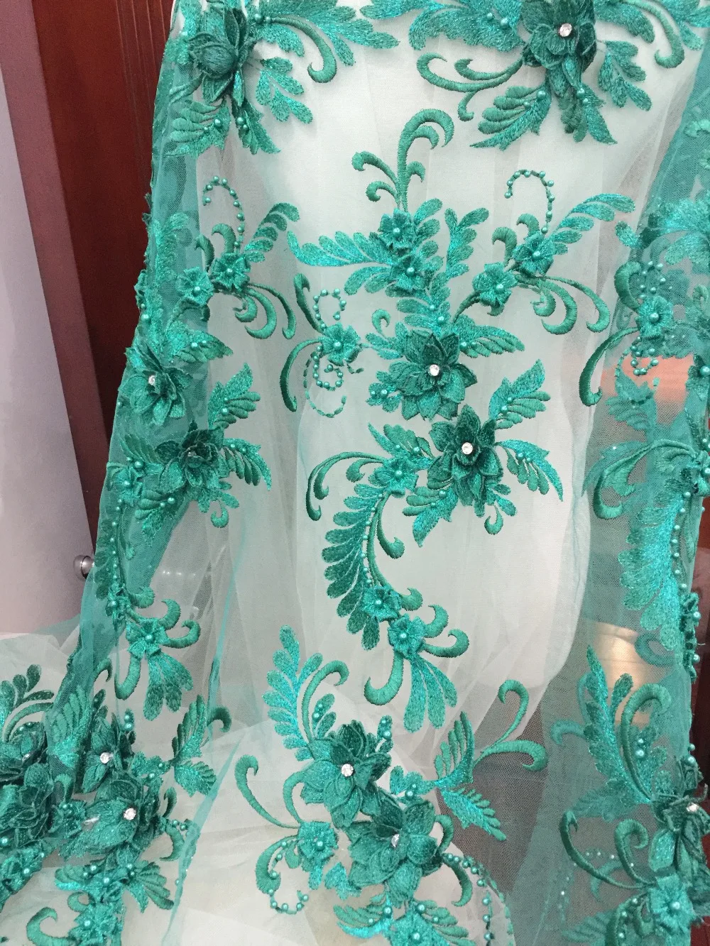 1 yard 3D Pearl Beaded Blossom Floral Embroidery Lace Fabric in Emerald