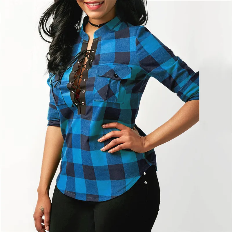 

DAYIFUN Womens Tops And Blouses Casual Plaid Shirts Long Sleeve Office Women Blouse Tunic Tops Lace Up Bandage Shirt 7241