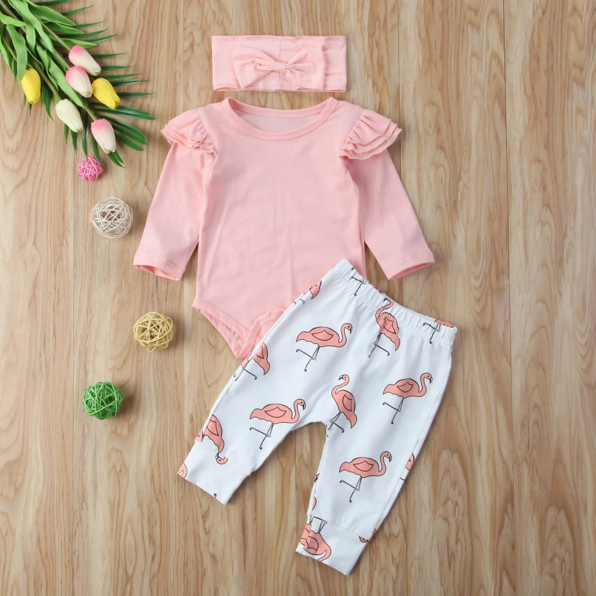 

Cute Infant Baby Boys Romper Flying Sleeve Tops + Long Pants Flamingo Headband 3PCS Clothes Set Cute Outfits