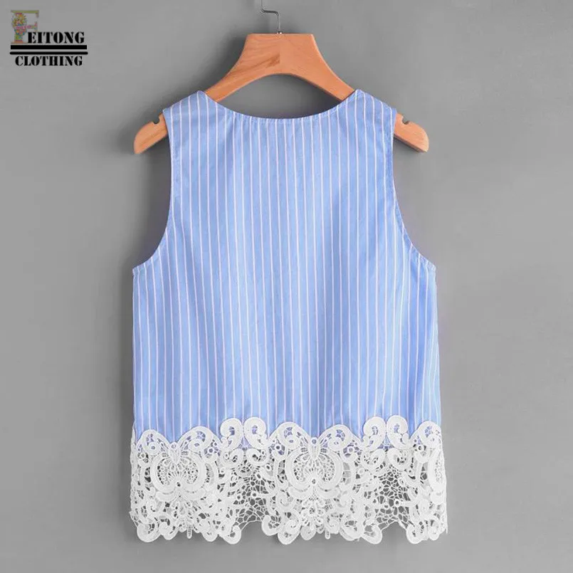 

FEITONG Blue lace up striped tops sexy sleeveless spaghetti strap shirts ladies summer womens tops lace round neck blusas