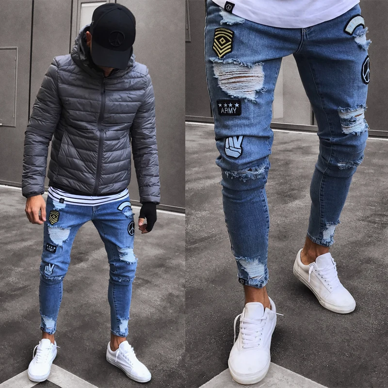 

2019 New Fashion Skinny Jeans Men High Street Hip Hop Style Pants Boy's Washed Destroyed Blue Slim Pencil Jeans Plus Size S-4XL
