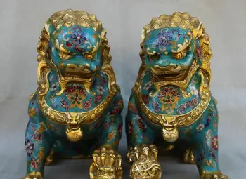 

10" Antique Chinese Cloisonne Enamel Bronze Foo Dog Lion Statue Sculpture Pair