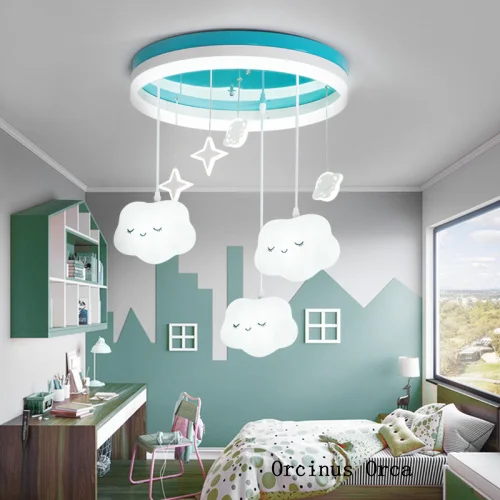 

Cartoon cute white cloud chandelier Girl Bedroom children's room lamp modern simple LED blue aircraft ceiling lamp