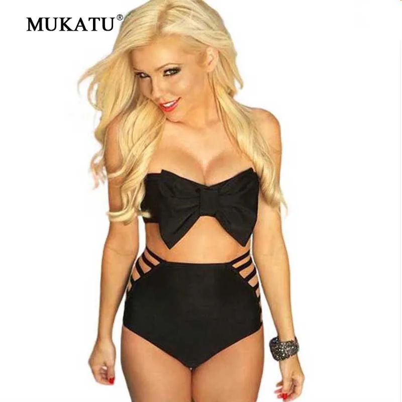 

2016 Sexy High Waist Swimsuit Bow Padded Bra Black Two Piece Swimsuit Bandage Swimwear Women Bikini Set Swimming Suit for Women