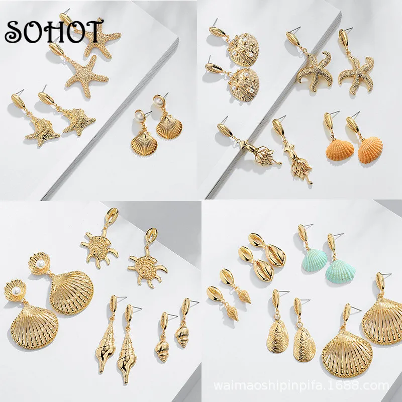 

SOHOT Boho Alloy Conch Shell Starfish Shape Short Women Beach Drop Earrings Imitation Pearl Trendy Coloful Summer Party Jewelry