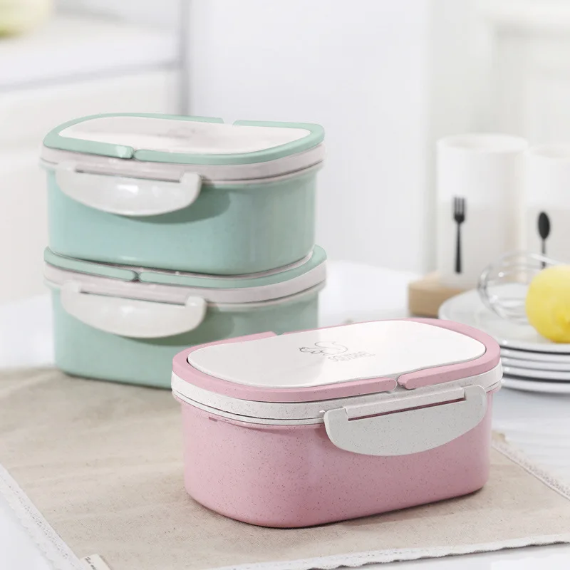 

Portable Lunch Box for Kids Bento wheat straw with tableware Compartment Japanese Picnic Container for Food Storage lunch boxing