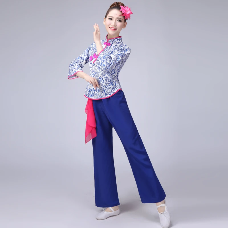  Blue and White Porcelain Women Waist Drum with Waist Handkerchief Female Yangko Dance Costume Chine