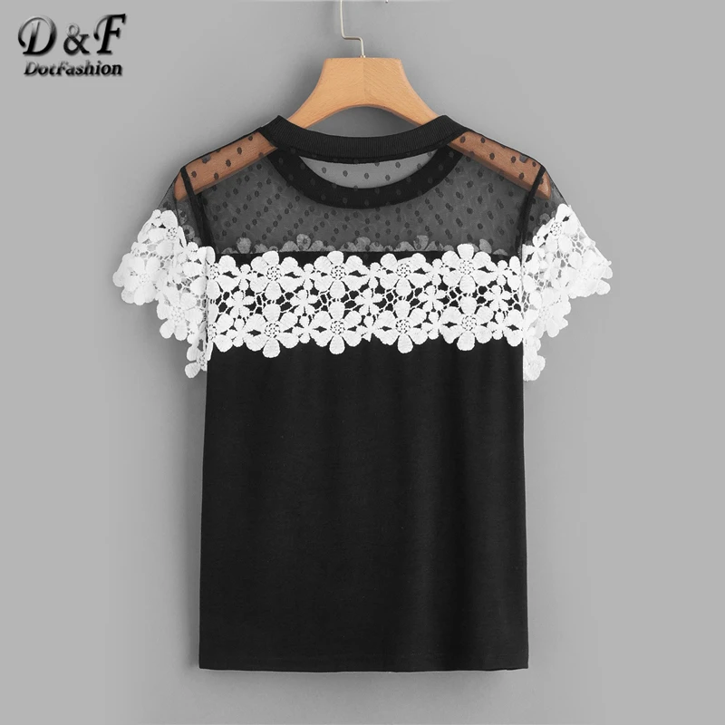 Dotfashion черная сетчатая открытая вязаная футболка Летняя одежда для женщин элегантные женские топы с коротким рукавом модная футболка