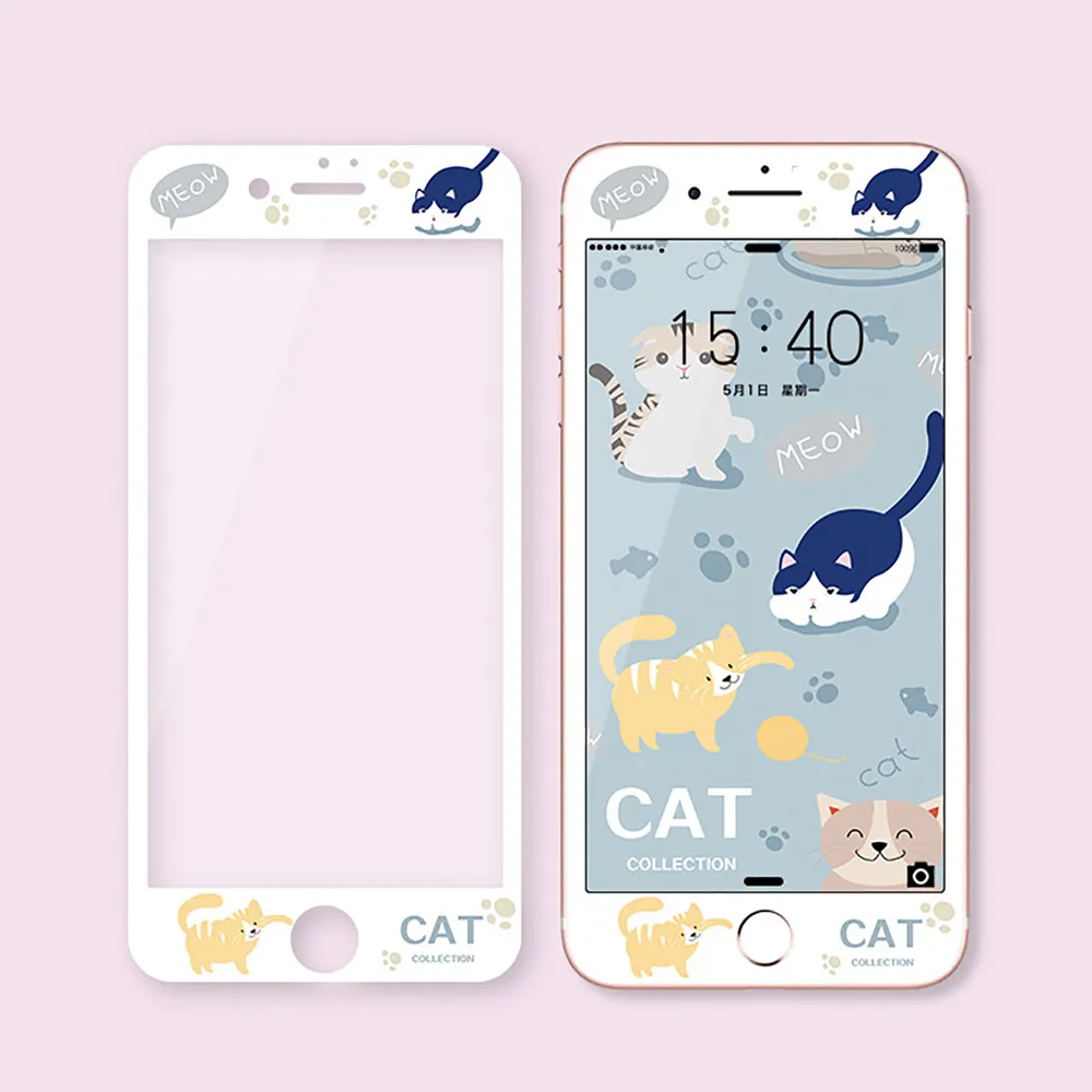 OTAO, новинка, 3D полное покрытие, закаленное стекло для iPhone 8, 7 Plus, мягкий край, цветной, 9 H, защита экрана, ударопрочная, HD защитная пленка - Цвет: Three Kittens